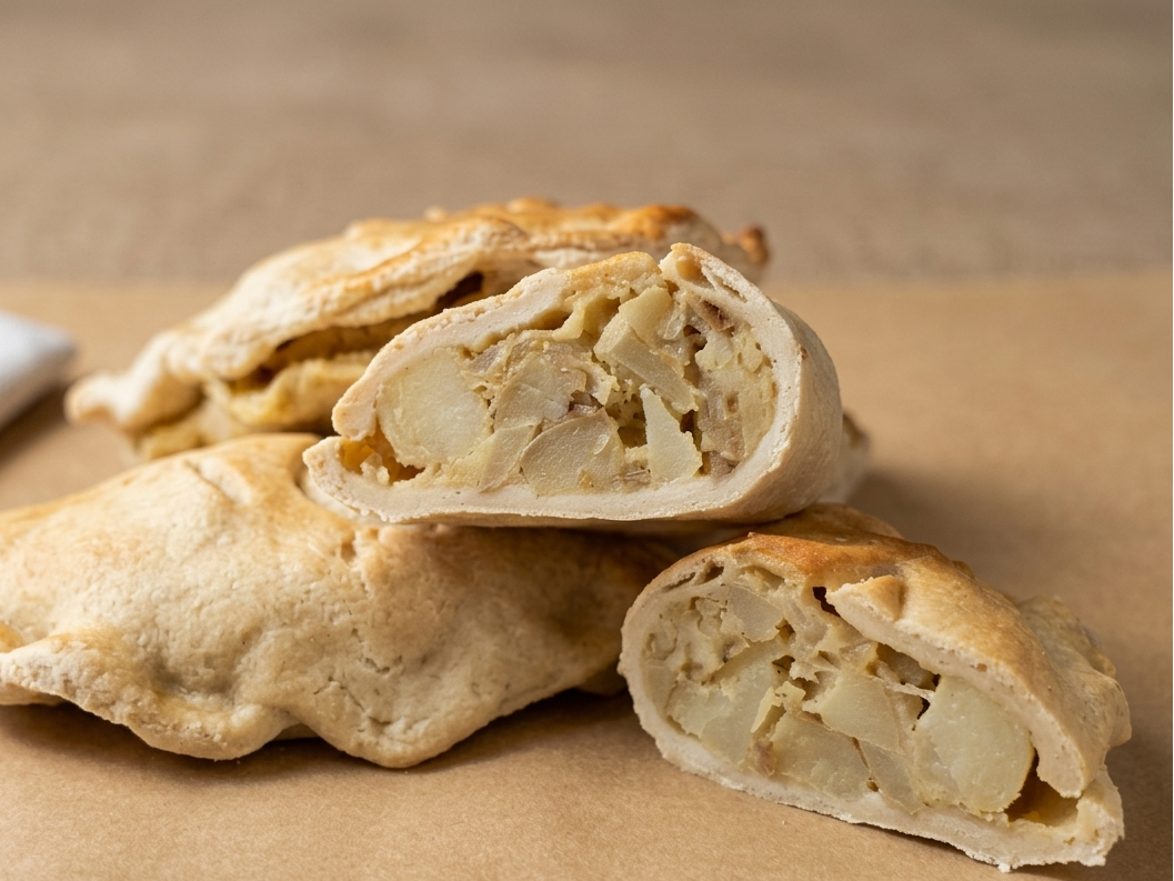 Pastry with a slice cut open, revealing filling on a brown surface